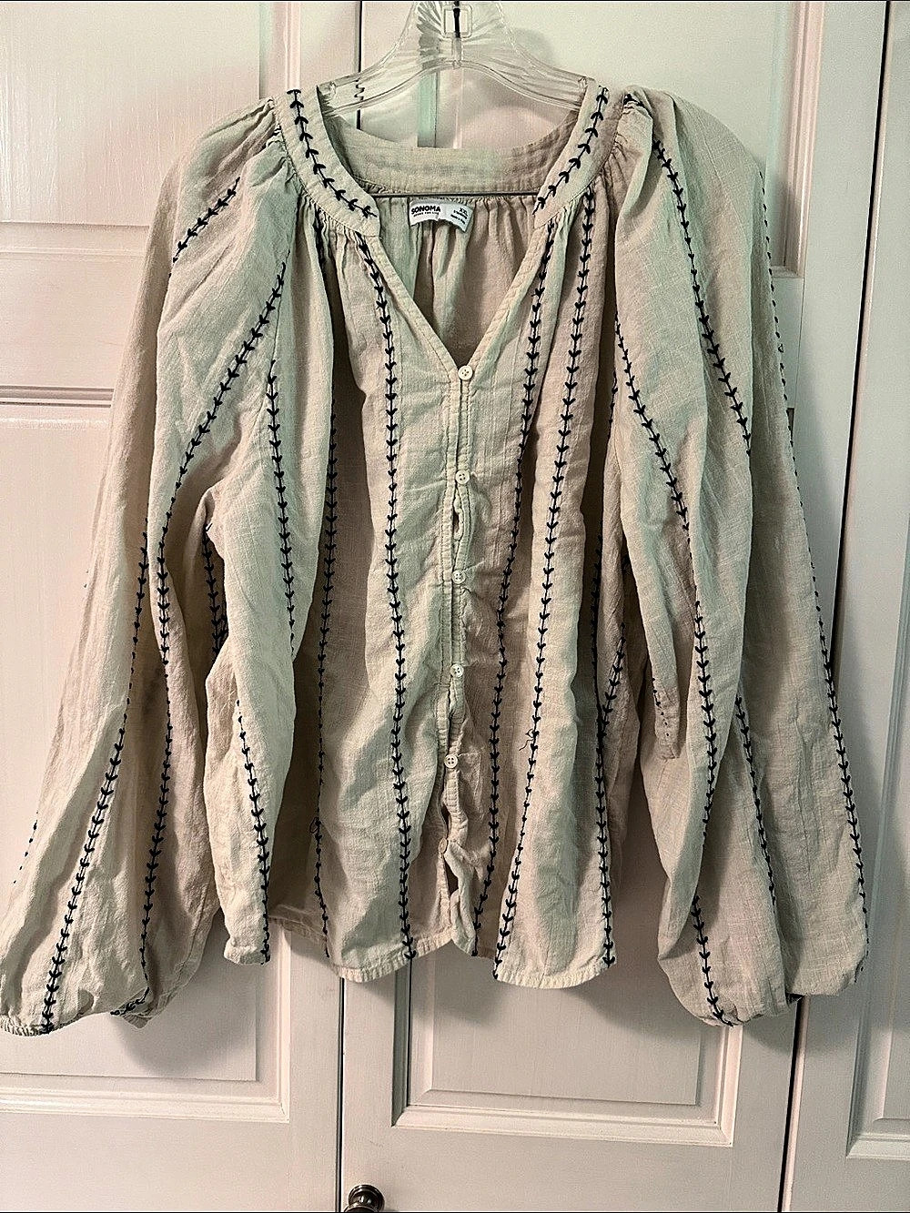 Boho Embroidered 100% Cotton Blouse in Black & Cream/Off-White